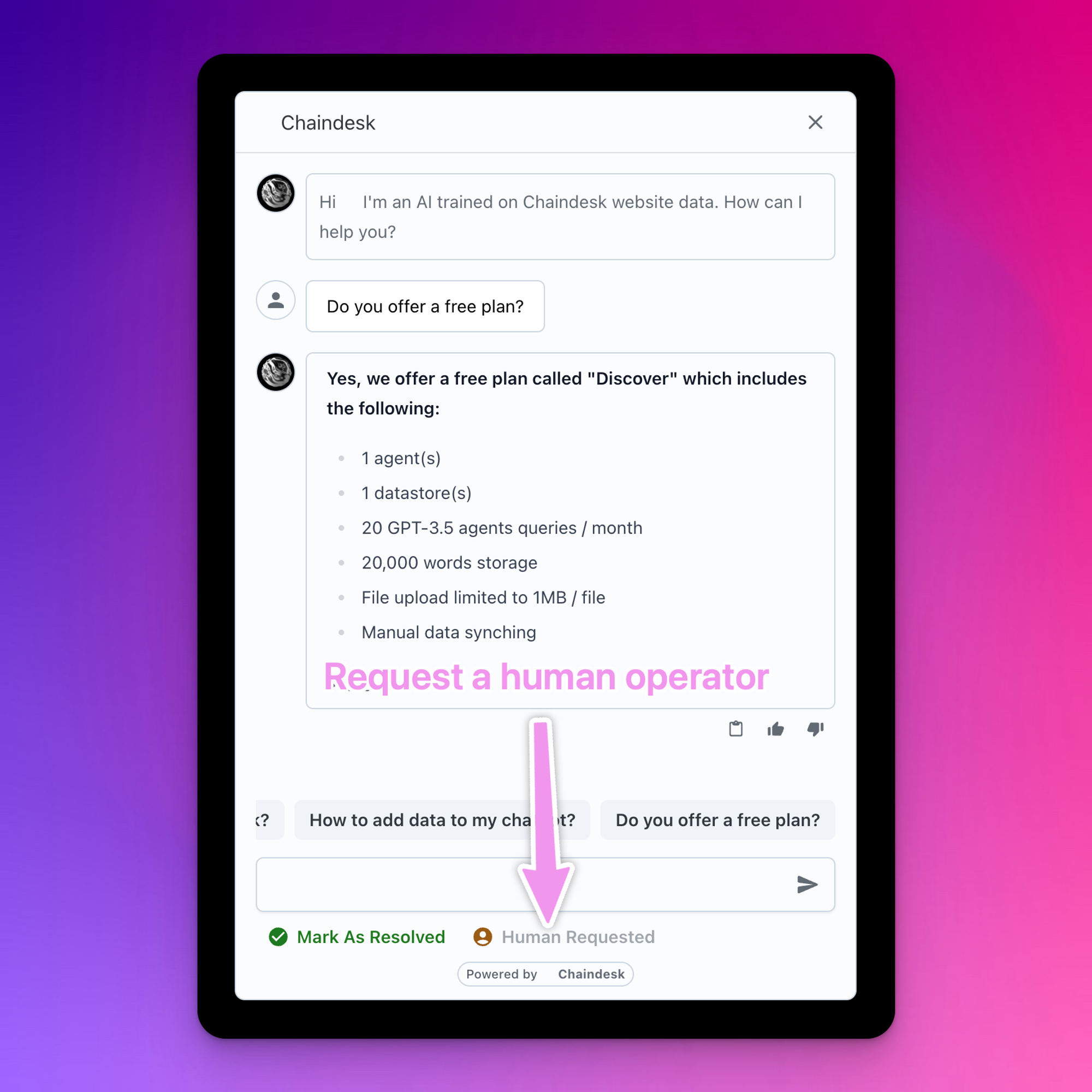 Visitors can request a human operator